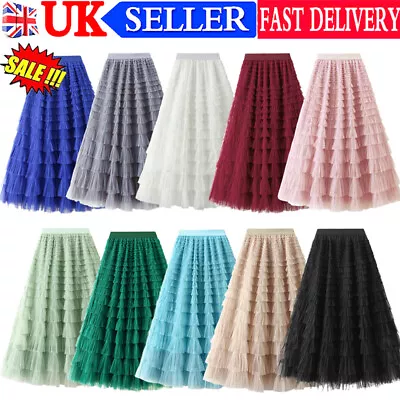 Women Layered Ruffles Tulle Skirt Elastic Waist Tutu Mesh Midi Tiered Party UK • £21.19