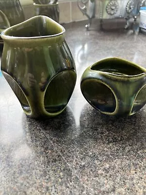 Holkham Pottery ‘ Owl’ Sugar  Pot And Milk Jug- Green- Holkham England- Retro • £21.50