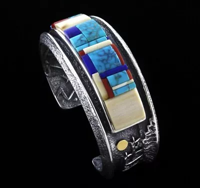Natural Multi-Color Stone On Stone Height Inlay Bracelet • $4236