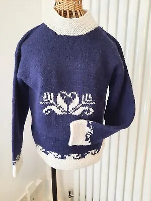Wool PACHAMAMA / AMANO Style Hand Knitted Jumper  S/M Vintage Blue & Ecru  • £42