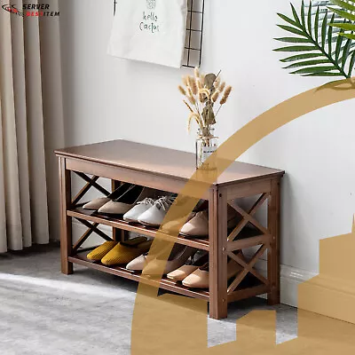 2-Tier Wooden Shoe Rack Bench Hallway Storage Organizer Entryway Furniture • $45.60