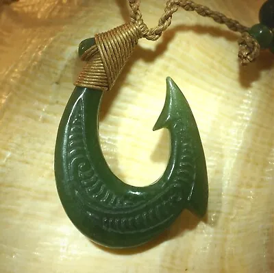 35mm Hand-carved Green Jade Jadeite Maori Hei-matau Puhoro Fish Hook Necklace • $40