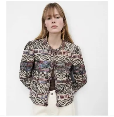 NWT Zara Aztec Jacquard Cropped Jacket Size M Blogger Fave Cotton Wool Blend • $28