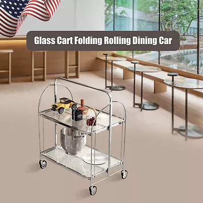 Rolling Serving Cart Trolley Dining Car Folding Bar Storage Shelf Trolley Glass  • $126