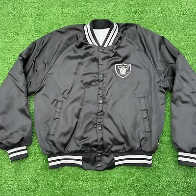 Vintage 80s Oakland Raiders Satin Jacket Black Size Large Made In USA Distressed • $60