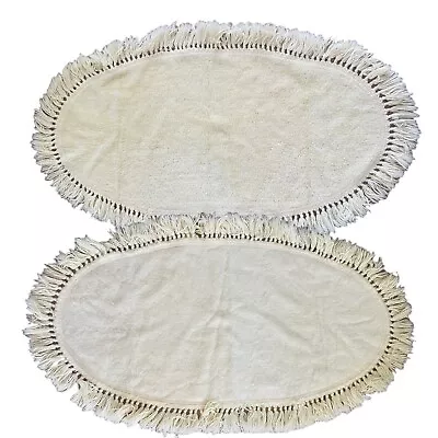 2 Vintage 1960s Off White Pair Oval Fringe Shag Bathroom Throw Rug 47 X 27” Set • $40