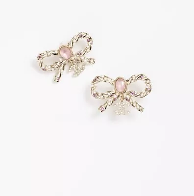 Chanel Pink Silver Gold Metal Cc Bow Stud Elegant Earrings • $330