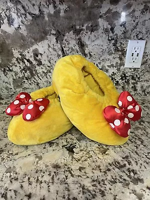 Disney Parks World Minnie Mouse Plush Slippers Adults Medium Yellow Red Bow • $29.99