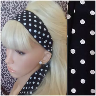 NEW BLACK WHITE POLKA DOT SPOT HEAD HAIR BAND SELF TIE BOW VINTAGE 50s 60s RETRO • £4.99