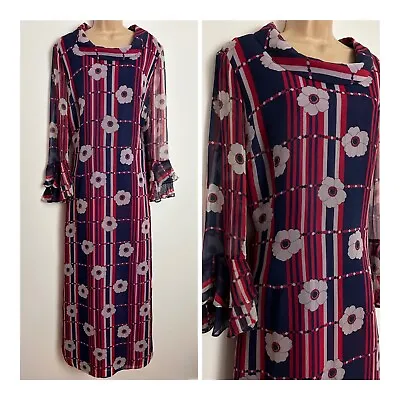 £9.99 • Buy Vintage 60s MARIUS Blue Red & White Stripe & Floral Long Sleeve Maxi Dress 14