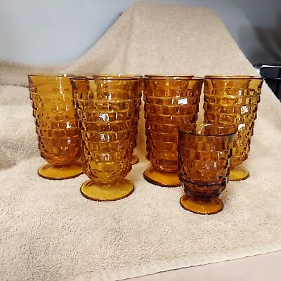 Vintage Indiana Glass Whitehall Cubist Amber Footed Tea Glasses (7) & 1-juice Gl • $10