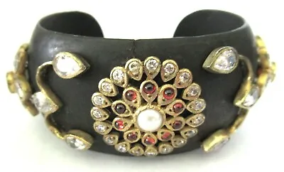 Genuine Garnet & Pearl Wooden Vintage Cuff Bracelet • $49.99