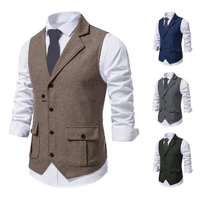 Mens Herringbone Tweed Lapel Wool Waistcoat V-Neck Sleeveless Vest Vintage Suit❉ • $18.93