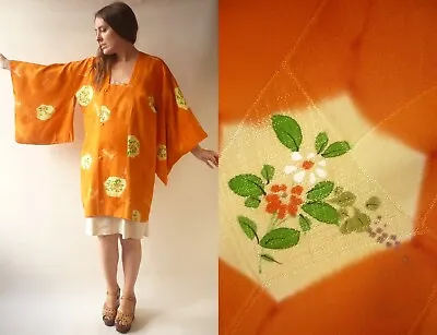 1970's Vintage Japanese Orange Crepe Floral Printed Michiyuki Kimono Jacket • £45