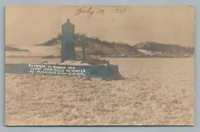 Winter Light House MICHIGAN CITY Indiana RPPC Antique Lake Snow Ice Photo 1910 • $39.99