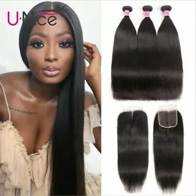 UNice Mongolian Straight 3 Bundles Of Human Hair Extensions With Lace Closure US • $171