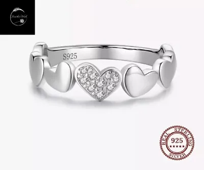 Genuine Sterling Silver 925 Heart Band Ring With Sparkling Clear Cubic Zirconia • £15.99