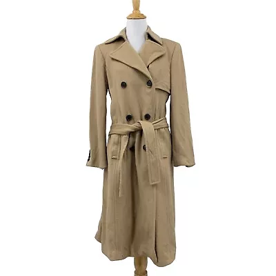 J Crew Trench Coat Womens 4 Camel Wool Satin Shoulder Pads Double Breasted *READ • $59.94