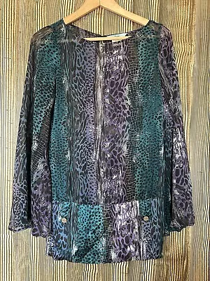 MARCIANO Silk Sz S/P Silk Sheer Artsy Purple Teal Animal Print Tunic Top Boho • $29.99