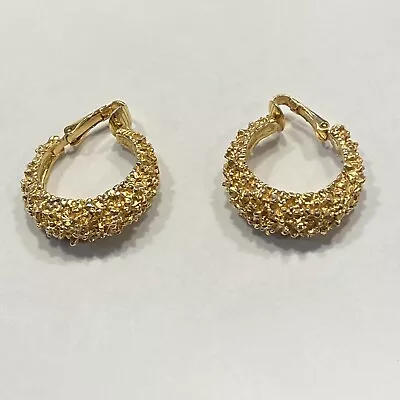 Vintage Brutalist Shiny Yellow  Gold Tone Metal Nuggety Gypsy Hoop Clip Earrings • $11