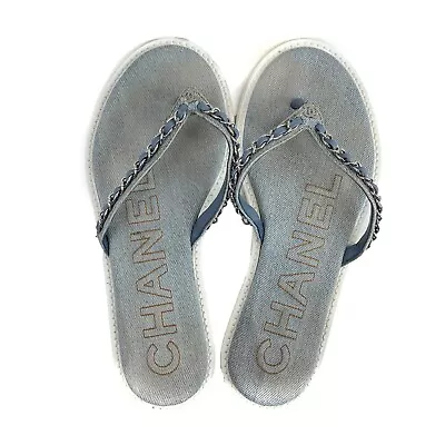 Chanel - CC Denim Sandals / Flip Flops - Blue White - 37 / US 7 • £426.52
