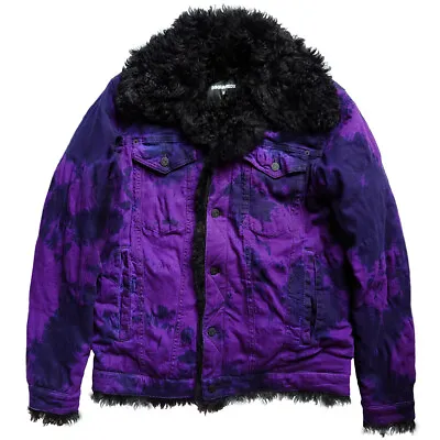 DSQUARED2 Jean Jacket Black Lamb Fur Purple Tie Dye Denim Size 48 - RP £2484.00 • $1341.57