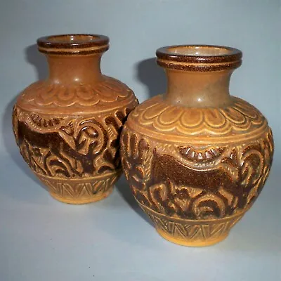 Pair Danish Michael Andersen & Sons Pottery Vase W/ Deer & Geometric Deep Relief • $195