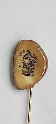 Vintage Scrimshaw Clipper Ship Whale Tail Etched Gold Hat Stick Pin Boat Sea • $19.97