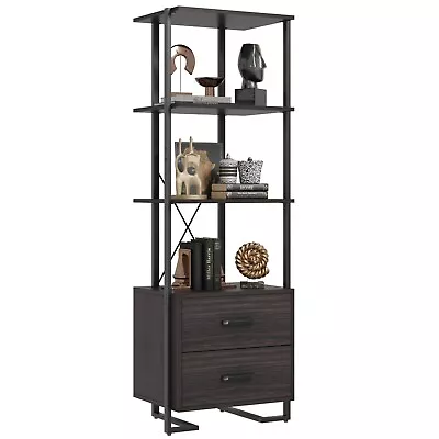 Industrial Bookshelf With Storage Drawers Large Open Display Shelf Tall Bookcase • $149.99