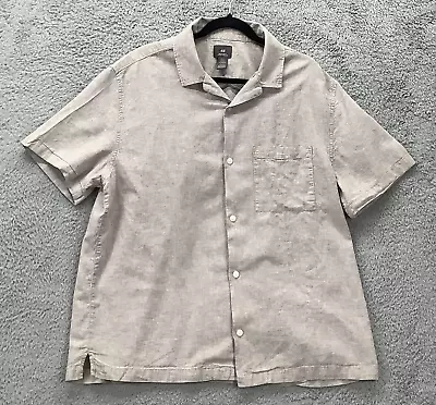 Linen Blend Shirt Men Sz XL Beige Short Sleeve Relaxed Fit Pocket Button Up H&M • $16.99