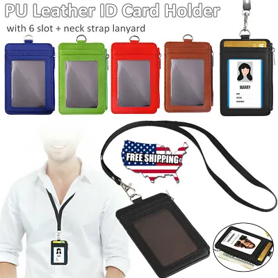 Vertical Leather ID Card Holder Badge Wallet Pocket 6 Slot Neck Strap Lanyard US • $9.17