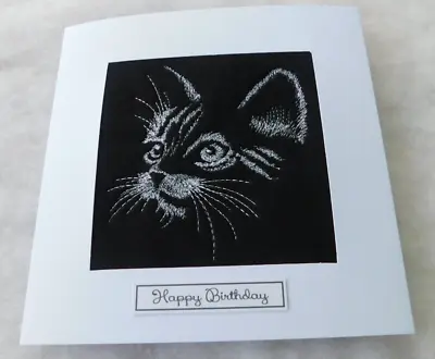 Complete Handmade Machine Embroidered Birthday Card Beautiful Kitten Sketch • £4