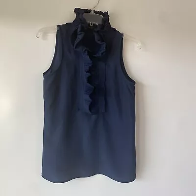 J. Crew Sleeveless Navy Blue Ruffle Neck Button Blouse Size XS • $9.08