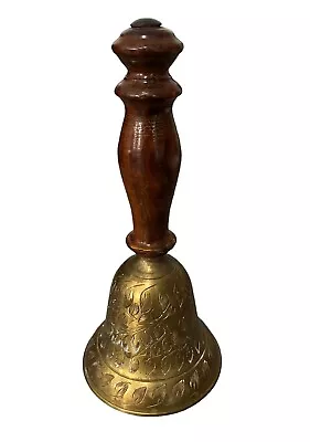 Vintage Ornate Etched Brass School Wood Handle Farm Service Bell Collectible  • $32