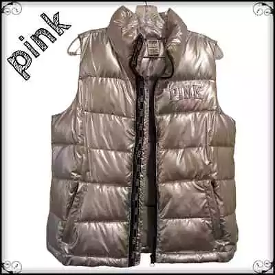 Victoria's Secret PINK Zip Up Puffer Vest Metallic Love Pink On Neck Women's M • $50