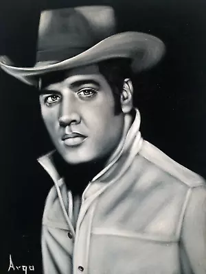 Elvis Presley Cowboy Hat Portrait Oil Paint Black Velvet By Argo 24 X18  Ba02 • $142.50