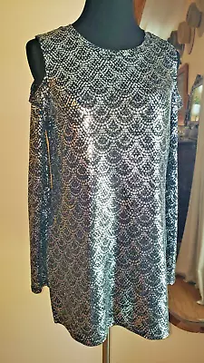 MICHAEL KORS Sz M Black Metallic Silver Sparkle Cold Shoulder Stretch Tunic Top • $18.89