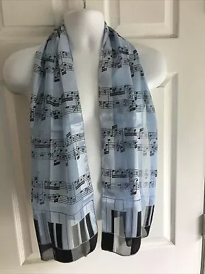 Women's Fashion Scarf Silk Feel Blue & Black Sheet Music Note Band Instrument • $5.99