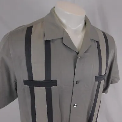 Alfani Men Gray Striped Hawaiian Camp Aloha Shirt Bowling Silk Sz L • $15.99