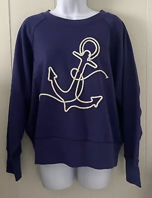 J. Crew Women's Sz Large Anchor Embroidered Sweatshirt Cotton Navy Blue NWT • $45