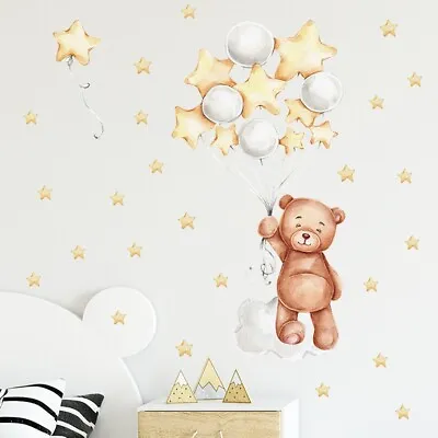 Nursery Wall Decor Stickers Teddy Bear Balloons And Stars Decals For Baby Room • £5.65