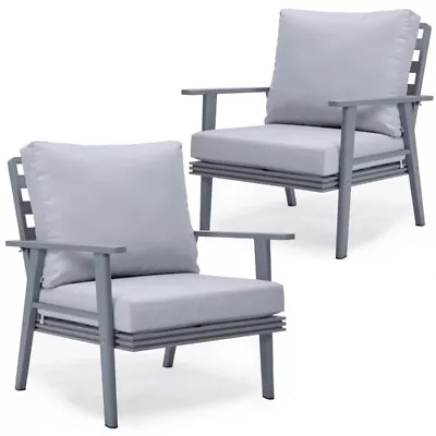 LeisureMod Walbrooke Outdoor Patio Grey Aluminum Armchairs Set Of 2 Light Gray • $980.30