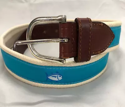 SOUTHERN TIDE Leather/Canvas SKIPJACK FISH LOGO Silver Hardware WAIST BELT Sz 32 • $24