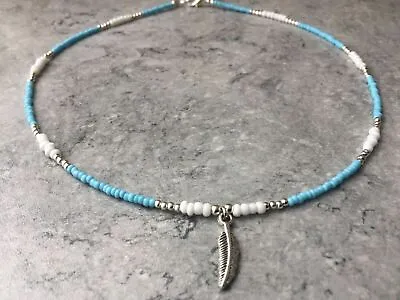 £4.70 • Buy Turquoise White Silver Beaded Feather Native American Indian 18  Necklace
