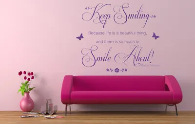 KEEP SMILING Quote  Marilyn Monroe Wall Art Sticker Decal Mural Bedroom • £16.63