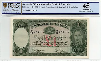 1938 Australia 1 Pound Note Sheehan/McFarlane Choice EF 45 PCGS S/N O/43  879117 • $550