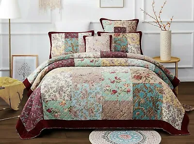 DaDa Bedding Burgundy Red Velvet Floral Roses Patchwork Cotton Bedspread Set • $170.99