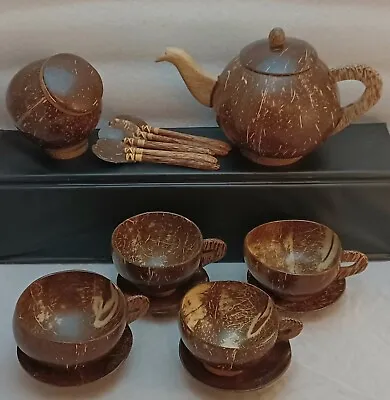 Coconut Shell Tea Kettle & Cup 17pc Set Hand Made Natural Eco Friendly Gift  -OO • $99.77