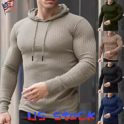 Mens Slim Muscle Fit Long Sleeve T Shirt Ribbed Plain Hoodies Tops Pullover Tee • $22.81