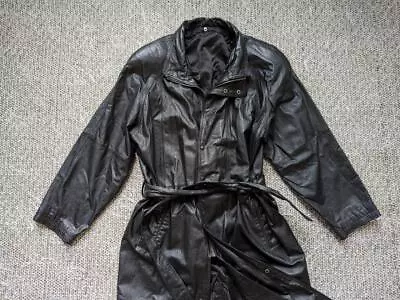 Vintage 1990s Leather TRENCH COAT Belted L Motorcycle BLACK Jacket Matrix Y2k • $139.95